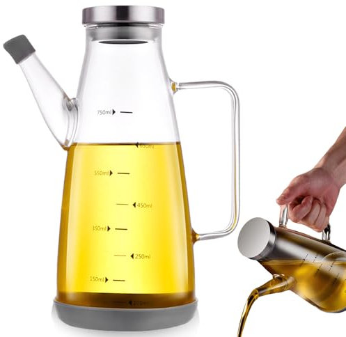 Bottiglia d'olio: bottiglia di olio d'oliva da 750 ml, bottiglia di olio di vetro con manico antiscivolo, dispenser di olio con base in silicone antiscivolo, bottiglia di olio d'oliva, antigoccia,