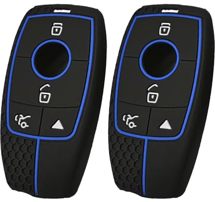 KULCSOK Schlüsselhülle Kompatibel mit Mercedes Benz GLE GLS ES 450 350 580 MB GLB GLA 250 GLC 300 AMG A-Klasse E-Klasse Schlüsselschutz Silikon Schlüsselanhänger 4 Tasten Blau + Blau 2 Stück