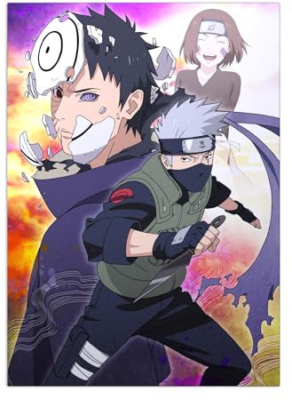 Displate Offiziell Naruto MetallPoster Magnetische Befestigung Lizenziert Bilder Hochwertiges Poster Naruto Shippuden - Obito, Kakashi & Rin Poster 45 cm x 32 cm