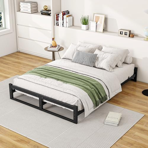 VECOCHO Double Bed Frame,4ft6 Floor Bed Frame Double Bed Base with Reinforced Steel Slats,Metal Platform Low Bed Double135x190 cm,Mattress Base No Box Spring Needed,No Noise,Black