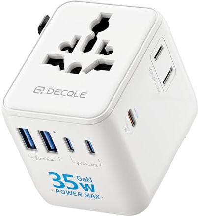 decqle “Pro” Adattatore Universale da Viaggio con 3 USB-C(GaN 35W)＆ 2 USB-A | Presa Universale da Viaggio, NON è Un Convertitore di Tensione, per UE/Regno Unito/Stati Uniti/Australia e 200+ Paesi(bianca)