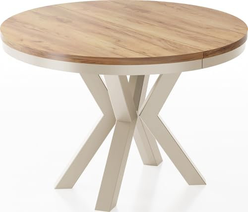 WFL GROUP Runder Ausziehbarer Esstisch im Loft-Stil - Industrieller Tisch mit Beige Cashmere Metallbeinen - Platzsparender Tisch für Wohnzimmer - Craft Eiche - 100 bis 180 cm