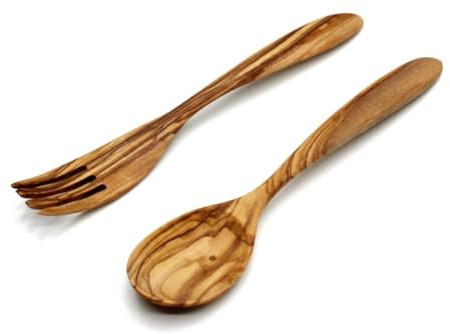 DAGDEG Juego de cubiertos de madera de olivo, 2 piezas, 20 cm, cubiertos mediterráneos, cubiertos de madera de olivo, cuchara, tenedor, hecho a mano (2 piezas)