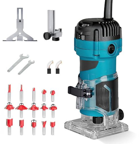 Rasenkantenfräse Trimmer Router Elektrische Fräsmaschine Holzwerkzeug 800 W, 34000 U/min, Zange 6,35 mm + Koffer mit 15 Fräsern, Schaft 1/4 Zoll, für Arbeiten mit Holzbearbeitung, Oberfräse (15 Fräsen