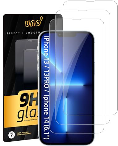 UNO' Lot de 3 protections d'écran en verre trempé 9H HD pour iPhone 13/13 Pro / 14 (6,1), anti-traces de doigts, anti-rayures, compatible avec les coques, installation facile. (13&14&13pro-3psc-tm)