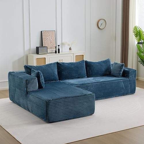 EINHOM Ecksofa L-Form Sofa mit 3 Kissen, Schlafsofa mit Schlaffunktion, Cord Modularesmit Couch, mit Armlehnen, Kombinierbares, Montagefrei, für Wohnzimmer, 279 x 179 x 82 cm (Blau)