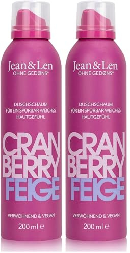 Jean & Len Verwöhnender Duschschaum Cranberry & Feige, samtweiches Hautgefühl, fruchtiger Duft, Gel-to-Mousse Technologie, ohne Parabene & Silikone, vegane Schaumdusche, 200 ml (Packung mit 2)