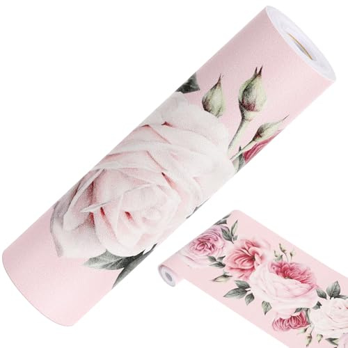 Operitacx Selbstklebende Bordüre mit Blumenmuster Wasserfest Abziehbar Pvc für Küche und Badezimmer Rosa Wand und Tapetenbordüre
