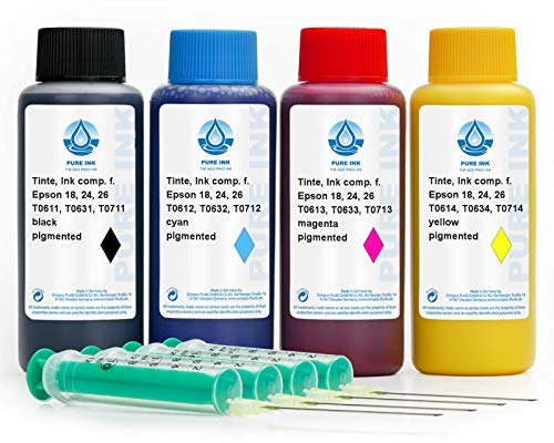 Pure Ink 4X 100 ml Nachfülltinte, Druckertinte kompatibel für Epson 16, 27, T061x, T063x, T071x, für Epson Stylus D 68, D 68 PE, D 78, D 88, D 88 PE, D 88 Plus, ...