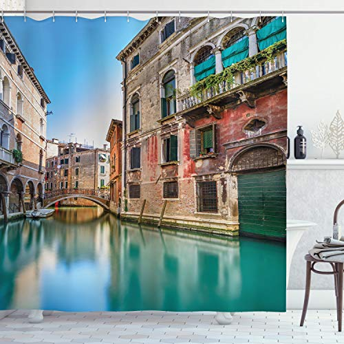 ABAKUHAUS Venedig Duschvorhang, Italien Stadt Wasserkanal, Stoffliches Gewebe Badezimmerdekorationsset mit Haken, 175 x 200 cm, Grau Teal Rot