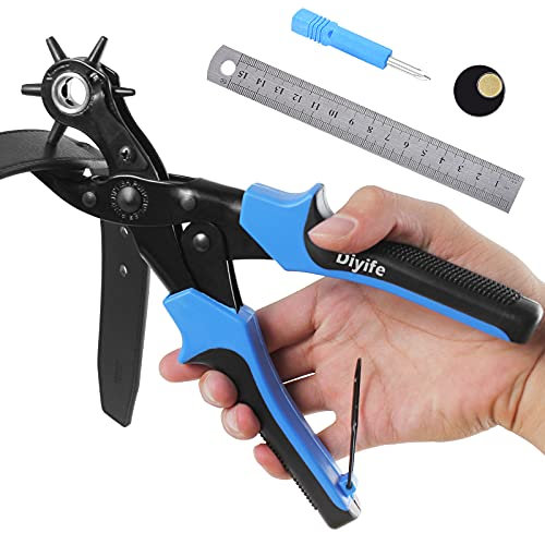 Buca Cinture, [Versione Avanzata-Righello con Scala] Diyife Pinza Buchi Cintura, Buca Cinture Pelle, Testa Girevole con 6 Fori Intercambiabili per Cinture Pelle Carta