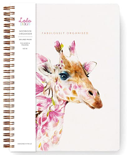 Lola Design – B5 Spiralbuch-Organizer, Botanisches Giraffen-Design, Planer und Tagebücher, Spiralbindung, Notizbuch mit To-Do-Listen und Prioritätenbereich, 176 x 250 mm, 250 linierte Seiten