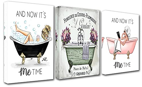 Walarky Home Decorations for Bathroom Girl in Bath Pictures Relax Moment Paintings, 3-teiliges Leinwandbild, Motiv: grüne Badewanne nach dem Verkleiden, Kunst, zeitgenössisch, gerahmt,