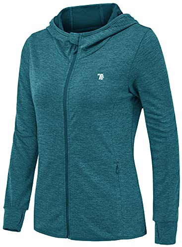 donhobo Women's Running Jackets with Thumb Hole,Long Sleeve Gym Sport Zip Up Hoodie Top Breathable Quick-Dry Tops with Zip Side Pocket Dark Blue S