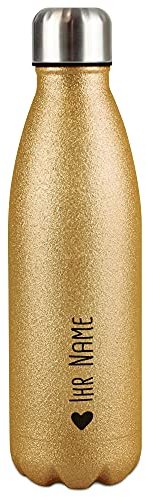 Glitzer-Trinkflasche aus Edelstahl selbst gestalten mit Name & Herz Symbol - Thermosflasche Glitzer, Wasserflasche BPA-frei für Reise, Schule und Sport I Personalisiertes Geschenk - Gold 500 ml