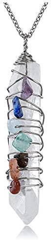 PESOENTH 7 Chakra Healing Crystals Gemstone Pendant Necklace, Silver Copper Wire Wrapped Raw Irregular Clear Quartz Crystal Ponit Necklace for Women Men Thanksgiving Christmas Chakra Jewelry Gift,