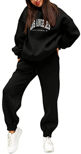 Tomwell Damen Trainingsanzug Jogginganzug Mode 2 Stücke Set Frauen Lange Ärmel Top/Hose Freizeitkleidung Pullover Sportswear für Running Yoga Gym A Schwarz S