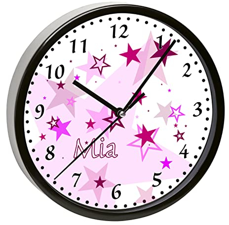 CreaDesign, Wanduhr Kinder personalisiert mit Name, Motiv Sterne rosa, Rahmen Wanduhr schwarz, Ø 19,5 cm