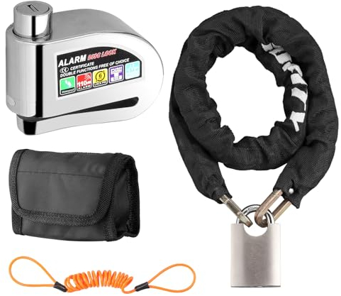 Justech Antivol de moto Cadenas de chaîne de vélo Cadenas + Alarme de moto Antivol de disque Deux modes Verrouillage de frein à disque 110 dB