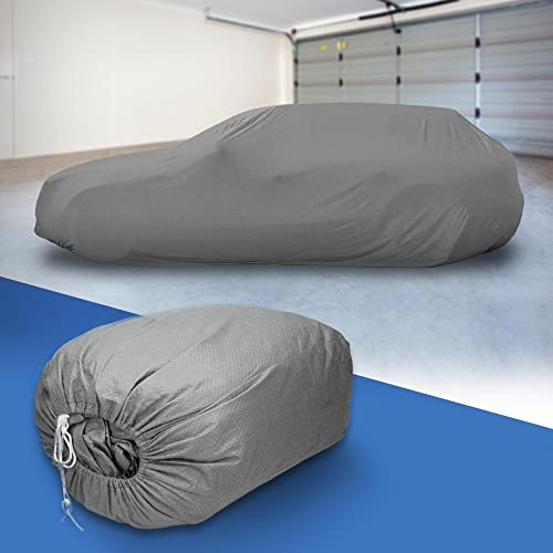 ECD Germany Autoabdeckung Kombi Größe M 405x155x125 cm Grau 3 Lagig, Atmungsaktiv, Wasserdicht, Staubdicht, UV-Schutz, Winter&Sommer, Abdeckplane Autoplane Vollgarage Autogarage Ganzgarage Schutzhülle