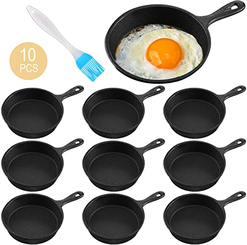 Remerry 10 Sets 4 Inches Cast Iron Skillets Mini Black Iron Nonstick Frying Pan Small Sizzling Plate Egg Pan Cast Iron Pot Bundle with Oil Brush for Indoor and Outdoor Restaurant Kitchen