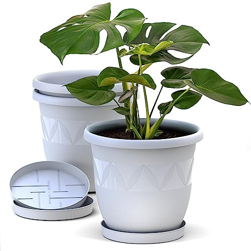 Blumentopf 3er Set 21 cm Durchmesser Weiß runder Pflanzkübel mit Untersetzer aus Kunststoff witterungsbeständiger Übertopf großer Pflanztopf Kräutertopf für Innen und Außen
