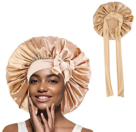 GUGUGO Seidenhaube zum Schlafen, Silk Bonnet, Verstellbare Seidenhaube, Schlafhaube Seide, Schlafmütze Damen, Satin Haube, Satin Haube Schlafen, Silk Sleeping Cap, Seidenhaube zum Schlafen Locken,Gold