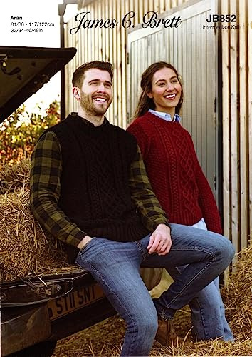 James Brett Aran Knitting Pattern Cable Knit Ladies Sweater & Mens Slipover (JB852)