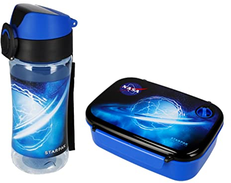 Goldkids NASA Weltraum Kosmos Space Brotdose 18 x 12 x 6 cm Kinder Lunchbox Brotzeitdose Brotkasten für Frühstück Box Trinkflasche Schule Freizeit Kunststoff-Box inkl leuchtender Anhänger