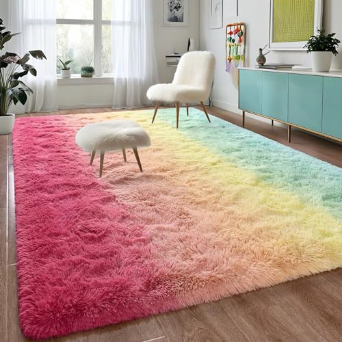 DweIke Extra großer, flauschiger Teppich, 1,8 x 2,9 m, Regenbogen-Rosa, moderner Teppich, für Wohnzimmer, Schlafzimmer, Zuhause, Farbverlauf, bunte Teppiche, zotteliges Plüsch-Kunstfell, Teppiche für