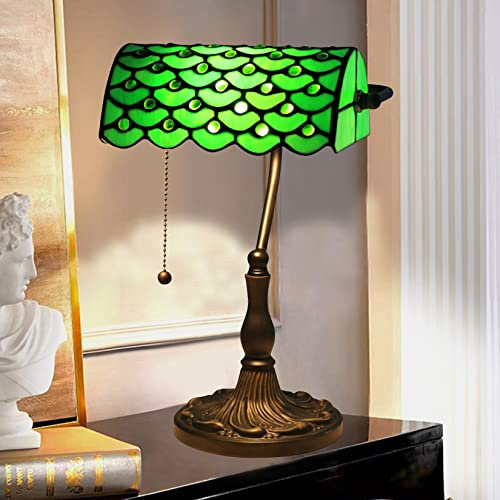 AIBOTY Banker-Lampe Tiffany-Buntglas-Tischlampe Vintage-Büro-Leseschreibtischlampe, Verstellbarer Lampenschirm, Aluminiumsockel, Reißverschlussschalter, Akzent-Schlafzimmer-Klavierlampe,Green b