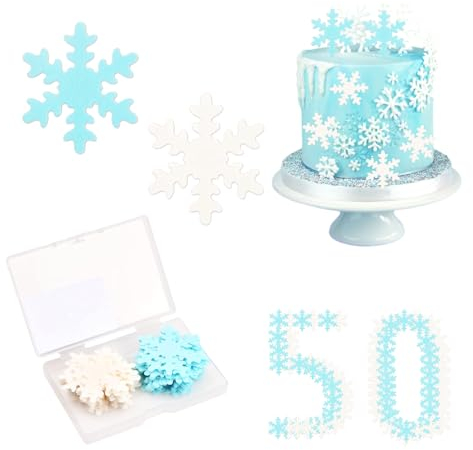 50 Stück Frozen Tortendeko,Eiskönigin Tortendeko Essbare Schneeflocken Frozen Cake Schneeflocken Blau Elsa Kuchen Deko Snowflake Cake Decoration Tortendeko(Blau Weiß)