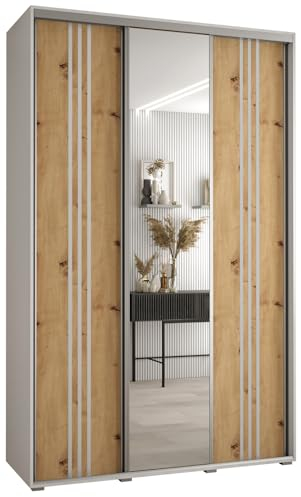 MEBLE KRYSPOL Davos 7 150 Schlafzimmerschrank mit DREI Schiebetüren - Moderner Aufbewahrungsschrank mit Spiegel, Kleiderstange und Regalen - 235,2x150x45 cm - Weiß Artisan Silber