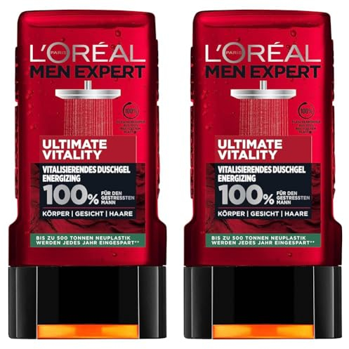 L'Oréal Men Expert Duschgel für Körper, Gesicht und Haare, Ice Effekt und extra Cooling-Kick für Männer, Ultimate Vitality, 1 x 250 ml (Packung mit 2)