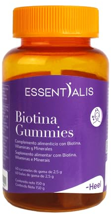 Essentialis Biotina Gummies, 2500mcg – 5000mcg de biotina, vitaminas y minerales-Ideales para mejorar el aspecto de tu piel, cabello y uñas-60 gominolas veganas. 1 o 2 al día-Mucho más que biotina