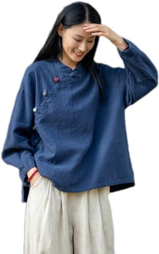 Chemisier chinois Ramie pour femme - Coton et lin - Chemise Hanfu d'été traditionnelle - Costume de méditation avec manches longues - Tunique rétro - Costume de méditation, bleu marine, M