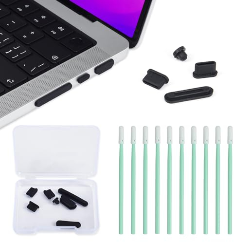 EGMOTAO Staubschutzstöpsel-Set für MacBook Pro 2023–2021, 14 Zoll, M3, M2, M1 Pro/Max A2779/A2442/A2780/A2485, Silikon, Staubschutzstecker, Zubehör, 7-teilig, Schwarz