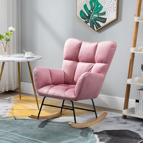 Nordic-Schaukelstuhl Einzelsofa Kamin-Schaukelstuhl Patchwork-Stoff Lounge-Ohrensessel mit Beinen aus Massivholz Freizeitstühle aus Baumwolle und Leinen für Wohnzimmer Büros