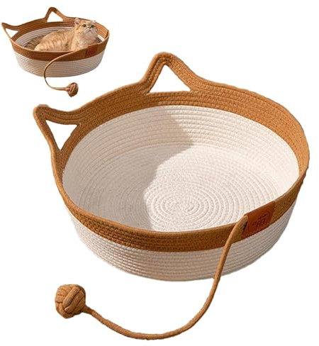 Cesta per gatti, intrecciata a mano, resistente ai graffi, con orecchie di gatto, lavabile e traspirante, in corda di cotone, pieghevole, per interni, gatti, gattini, cuccioli