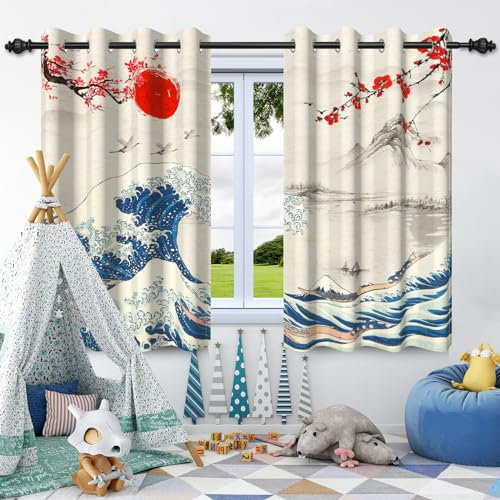 SDOTPMT 117x138cm Japanische Fenstervorhänge Tuschemalerei Berg Fuji Rote Sonne Sonnenuntergang Kirschblüten Blumen Meer Wellen Fenstervorhänge für Schlafzimmer Blackout Vorhänge, 2 Panels