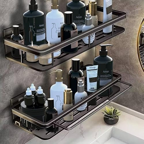 2x Shower Caddy Drill-Free 2 Hooks and Towel Rail, No Drilling Wall Mounted Bathroom Caddy, Rustproof Shower Shelf/Shower Organiser, Quick Dry Shower Tidy Self Adhesive Shower Shelves Bathroom