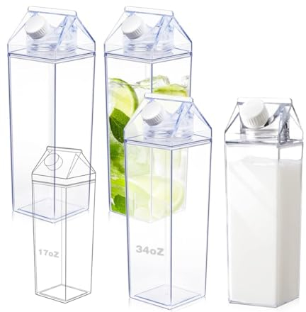 4 Pack Milk Carton Water Bottles 34oz/1000ml Leak Proof Plastic Water Bottle Reusable BPA Free Sports Water Bottle Carton Shaped Juice Milk Bottle for Gym Camping Hiking Travel Sports, Dishwasher Safe