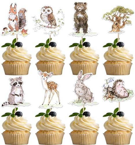 Xsstarmi 40 Pack Jungle Animals Cupcake Toppers Raccoon Hedgehog Owl Rabbit Cupcake Picks Bear Squirrel Deer Forest Cake Decorations for Animals Theme Baby Shower Birthday Party Supplies