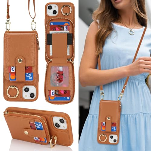 SailorTech iPhone 13 Case Ring Stand with Card Holder for Women, iPhone 13 Leather Case Wallet Crossbody with Kickstand Credit Card Zipper Case for iPhone 13-Brown