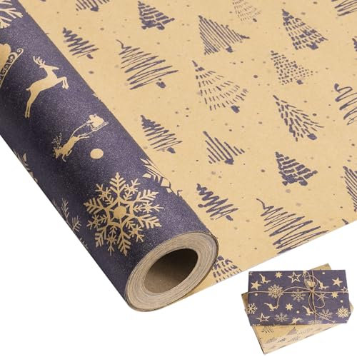 Larcenciel Carta Regalo Rotolo Natale, Reversibile con Albero, Fiocco di Neve e Alce, Carta da Pacchi Bifacciale Vintage Kraft per Feste e Vacanze, 43CMx10M