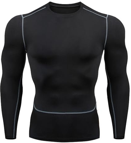 BAEIDO Compression Shirt Men, Round Neck Long Sleeve Base Layer Athletic Tops for Workout Sports, Rash Guard Cool Dry Undershirts