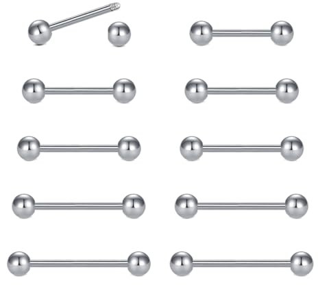 WillTen 14G Zunge und Nippel Bars - Chirurgenstahl Piercing Schmuck für Frauen, 10 Stück, Silber