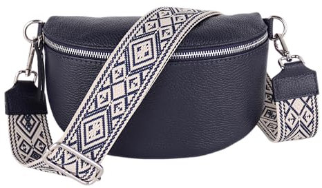 MIRROSI® Bauchtasche Damen, Echtleder, Made in Italy, Umhängetasche, Brusttasche, Crossbody Bag (1 Tasche & 2 Gurte) (Navy (Karo), Große Tasche (28x18x9cm))