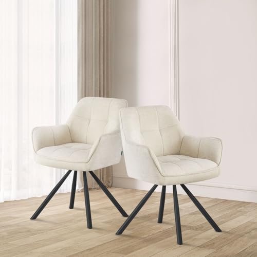 DUBI Möbel® Esszimmerstuhl Thomas-Leni 2er Set – drehbarer Polsterstuhl mit Federkern & Auto-Rückstellfunktion, Armlehnen, Metallbeine Schwarz, Webstoff Creme, Premium Komfort für Esszimmer & Küche
