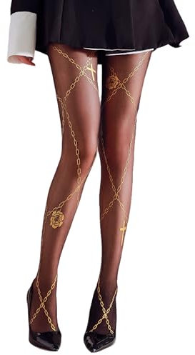 Sahabowi Women Rose And Cross Necklace Glitter Powder Tights Silk Pantyhose, Color Sparkly Stockings Shiner Thin(ELW2024062009gold, Gold glitter rose and cross necklace black color, 1pcs)
